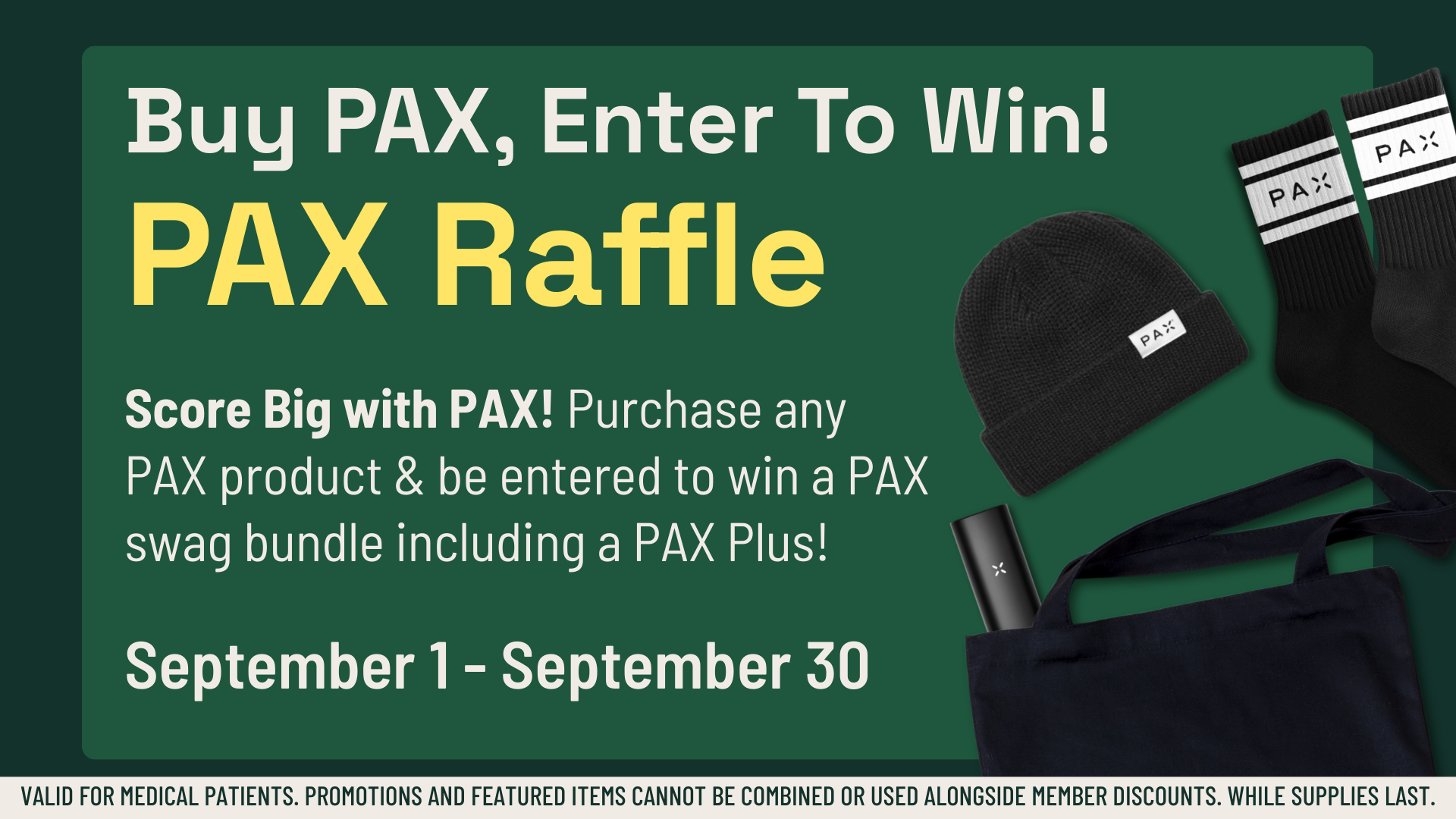 Promotional graphic for a PAX raffle with swag items including socks, a beanie, and a tote bag, valid from September 1 to September 30