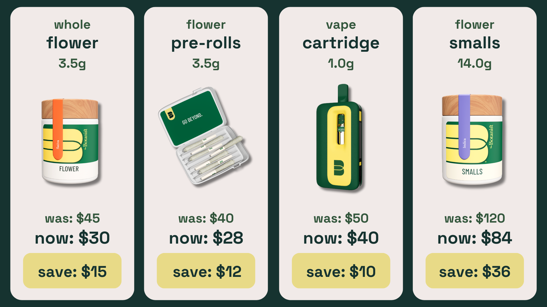 The Botanist cannabis product sale: 3.5g flower now $30 (save $15), pre-rolls $28 (save $12), vape cartridge $40 (save $10), 14g smalls $84 (save $36).
