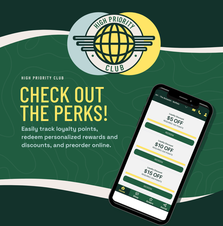 Promotional graphic for a loyalty rewards app showing the High Priority Club logo and a smartphone screen with points-based discounts and member perks