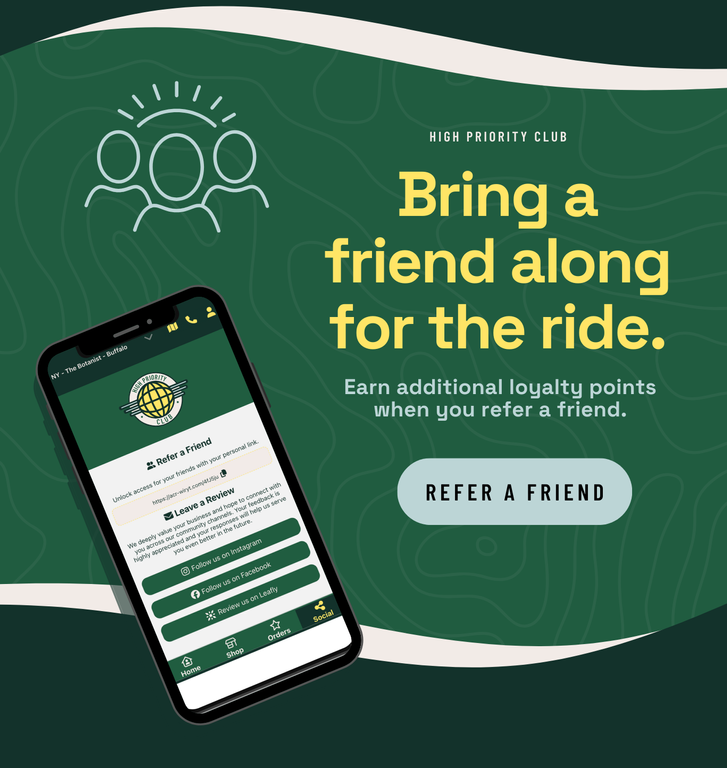 Referral promotion graphic showing a mobile app screen with a 'refer a friend' feature, loyalty points message, and a call-to-action button on a green background