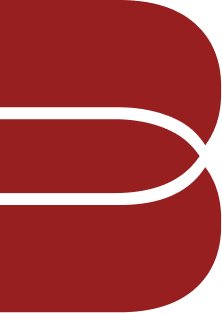 Red stylized letter 'B' logo with curved white lines on a light background